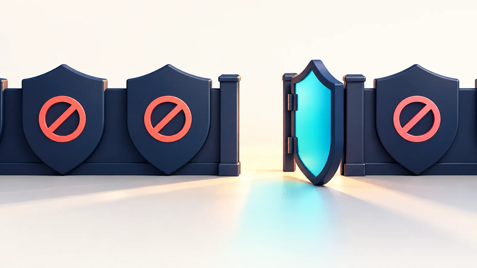 One open gate beside a row of closed shields, representing an exception for one website